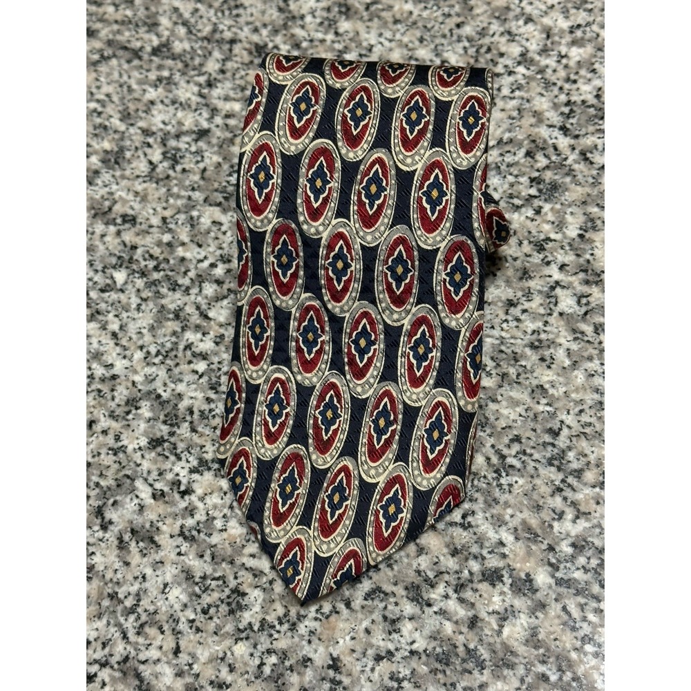Brooks Brothers Gold Blue Red White Grey Medallion Geometric Tie 100% Silk  USA